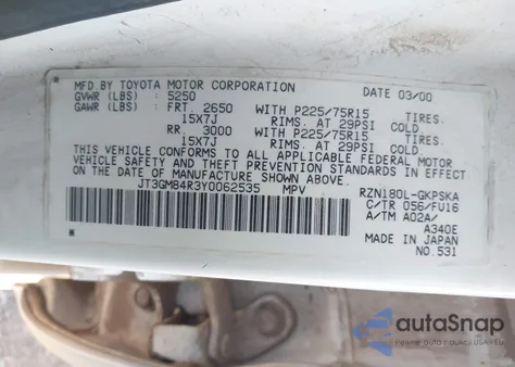 2000 Toyota 4Runner from USA, damaged, VIN JT3GM84R3Y0062535